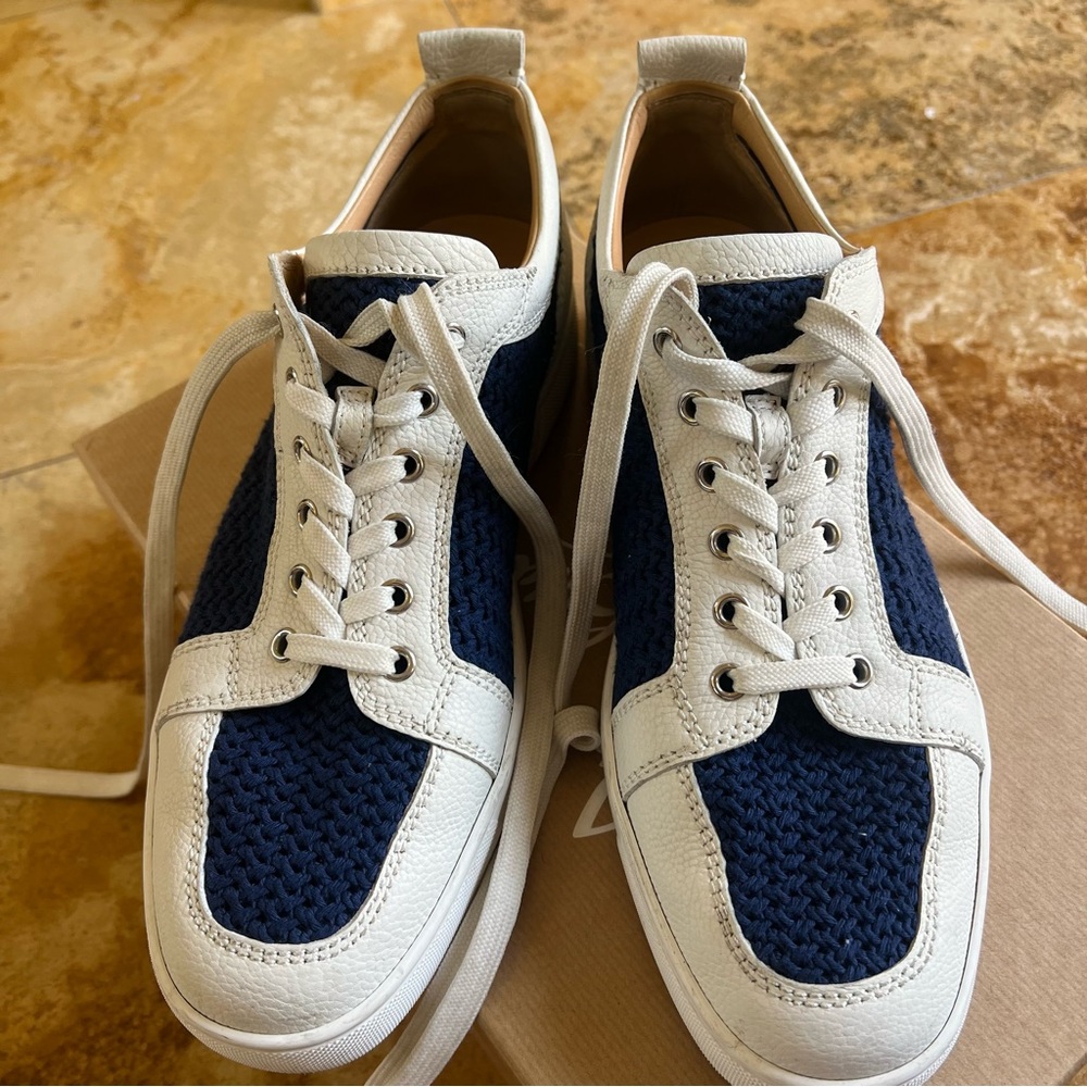 Men’s Christian Louboutin AC Rantulow Flat Jumbo Calf/Tricot in White/Navy - Picture 8 of 11